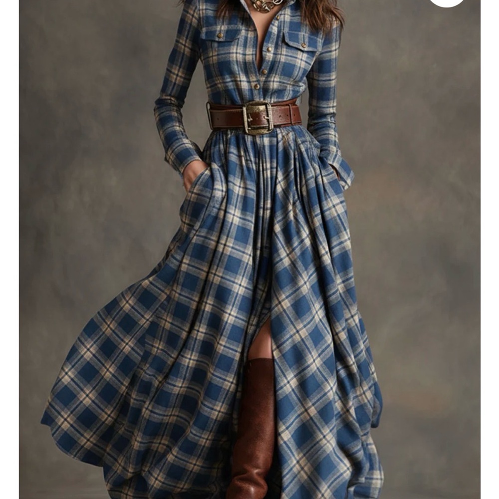 Oyrosy  Blue Plaid Long Sleeve Dress